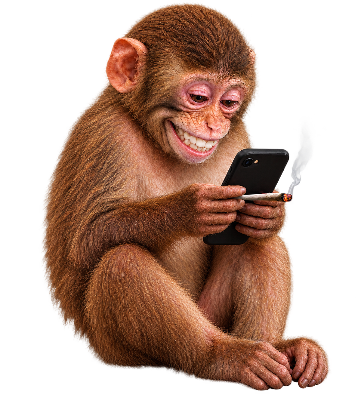 Smiling SMOKYFONE monkey looking at a phone